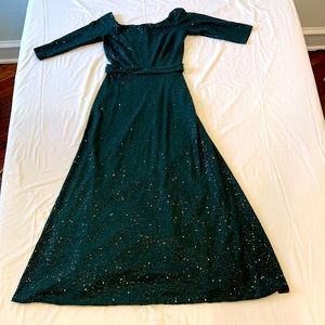 David Meister emerald sequined floor length dress